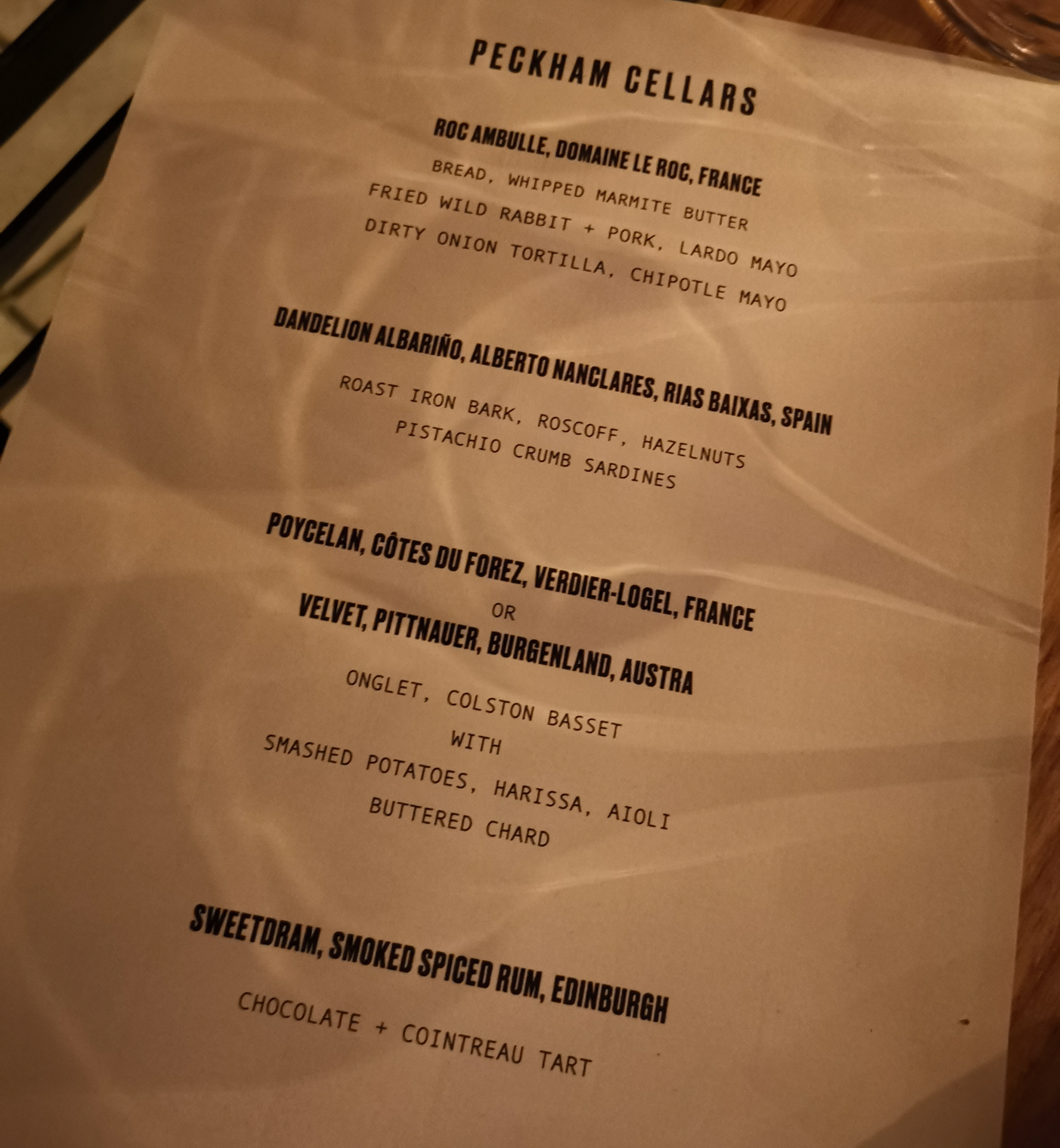 Peckham Cellars Tasting Menu